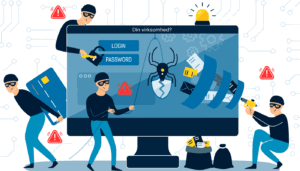 Illustration af cyberkriminelle der stjæler data og information fra en virksomheds IT-systemer.